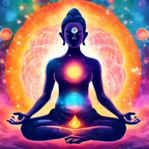 A serene person meditating in a lotus position, surrounded by a cosmic aura, with their third eye open.