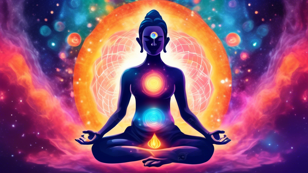 A serene person meditating in a lotus position, surrounded by a cosmic aura, with their third eye open.