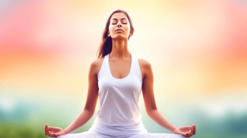 A woman with glowing skin and white clothing practicing kapalbhati pranayama yoga with a blurred nature background.