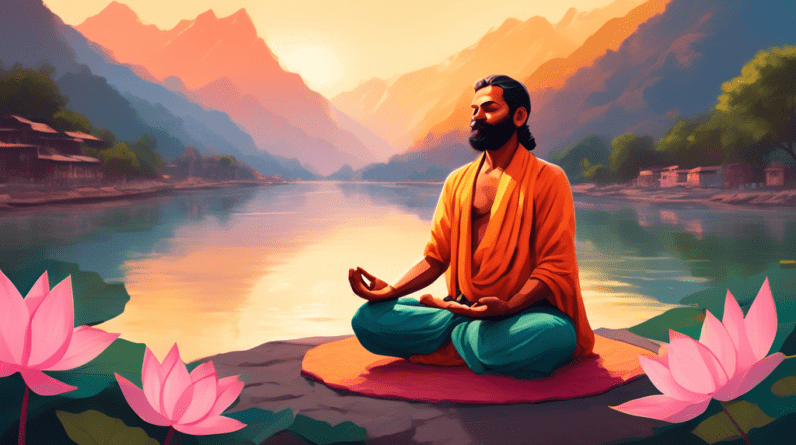 A serene yogi meditating in a lotus pose on the banks of the Ganges River, surrounded by lush nature, with the Himalayas in the background and a warm, ethereal glow.